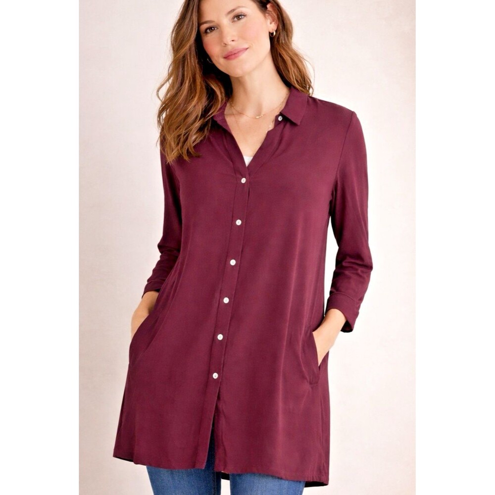 J Jill Burgundy Tunic Top Rayon Button Front Long Sleeve Pockets Relaxed Fit